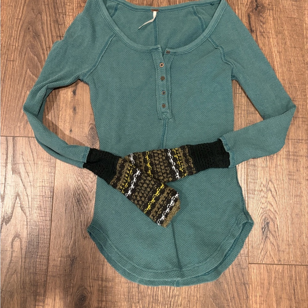 Free People Teal Henley Top with Long Sleeves